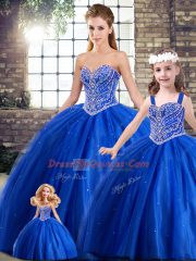 Lace Up 15 Quinceanera Dress Blue for Military Ball and Sweet 16 and Quinceanera with Beading Brush Train