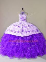 Best Purple Lace Up Halter Top Embroidery and Ruffles Sweet 16 Quinceanera Dress Organza Sleeveless Court Train