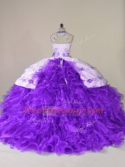 Best Purple Lace Up Halter Top Embroidery and Ruffles Sweet 16 Quinceanera Dress Organza Sleeveless Court Train
