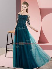 Wonderful Peacock Green Bateau Neckline Beading and Lace Damas Dress Half Sleeves Lace Up