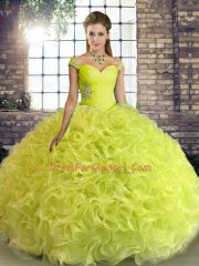 Dynamic Off The Shoulder Sleeveless Quinceanera Gowns Floor Length Beading Yellow Green Fabric With Rolling Flowers