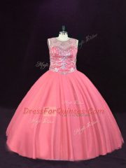 Designer Pink Lace Up Scoop Beading Quinceanera Gowns Tulle Sleeveless