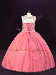 Designer Pink Lace Up Scoop Beading Quinceanera Gowns Tulle Sleeveless