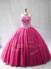 Hot Pink Ball Gowns Tulle Halter Top Sleeveless Beading Lace Up Quince Ball Gowns Brush Train