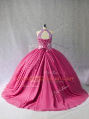 Hot Pink Ball Gowns Tulle Halter Top Sleeveless Beading Lace Up Quince Ball Gowns Brush Train