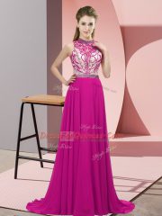 Classical Beading Evening Dress Fuchsia Backless Sleeveless Brush Train