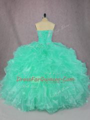 New Style Floor Length Turquoise Vestidos de Quinceanera Organza Sleeveless Beading and Ruffles