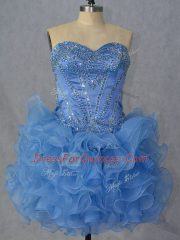 Mini Length Blue Prom Gown Organza Sleeveless Beading and Ruffles