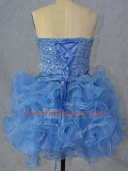 Mini Length Blue Prom Gown Organza Sleeveless Beading and Ruffles