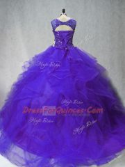 Custom Made Purple Lace Up Quinceanera Gown Beading and Ruffles Sleeveless Brush Train