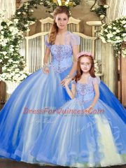 Blue Ball Gown Prom Dress Military Ball and Sweet 16 and Quinceanera with Beading and Ruffles Strapless Sleeveless Lace Up