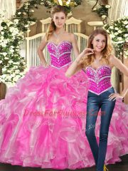 Perfect Rose Pink Sweetheart Lace Up Beading and Ruffles Sweet 16 Dress Sleeveless