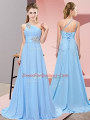 Admirable Lace Up Prom Evening Gown Blue for Prom and Party and Military Ball with Beading Brush Train