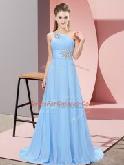 Admirable Lace Up Prom Evening Gown Blue for Prom and Party and Military Ball with Beading Brush Train