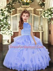 Floor Length Backless Kids Pageant Dress Lavender and Pink And Yellow for Party and Sweet 16 and Wedding Party with Beading and Appliques