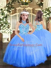 Blue Lace Up Pageant Gowns For Girls Appliques Sleeveless Floor Length