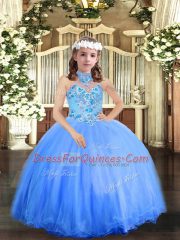 Blue Lace Up Pageant Gowns For Girls Appliques Sleeveless Floor Length