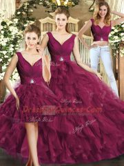 Burgundy Three Pieces Tulle V-neck Sleeveless Beading and Ruffles Floor Length Backless Vestidos de Quinceanera