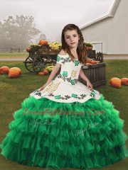 Sleeveless Floor Length Embroidery Lace Up Winning Pageant Gowns with Green