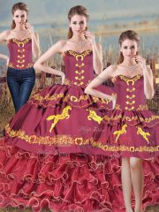 Brush Train Ball Gowns Quinceanera Dresses Burgundy Sweetheart Organza Sleeveless Floor Length Lace Up