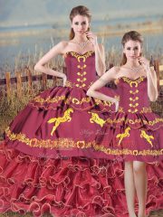 Brush Train Ball Gowns Quinceanera Dresses Burgundy Sweetheart Organza Sleeveless Floor Length Lace Up