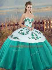 Sweetheart Sleeveless Quinceanera Gowns Floor Length Embroidery and Bowknot Turquoise Tulle