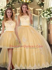 Vintage Gold Quinceanera Gowns Military Ball and Sweet 16 and Quinceanera with Lace and Appliques Scoop Sleeveless Clasp Handle
