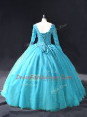 Modern Tulle Long Sleeves Floor Length Quince Ball Gowns and Lace and Appliques