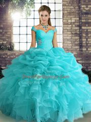 Noble Aqua Blue 15 Quinceanera Dress Military Ball and Sweet 16 and Quinceanera with Beading and Ruffles and Pick Ups Off The Shoulder Sleeveless Lace Up