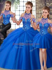 High Class Blue Quinceanera Gown Tulle Brush Train Sleeveless Beading and Pick Ups