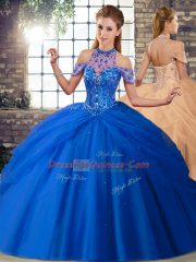 High Class Blue Quinceanera Gown Tulle Brush Train Sleeveless Beading and Pick Ups