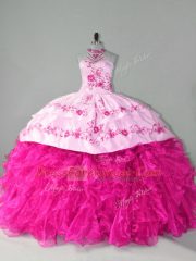 Organza Halter Top Sleeveless Court Train Lace Up Embroidery and Ruffles Quinceanera Dress in Hot Pink