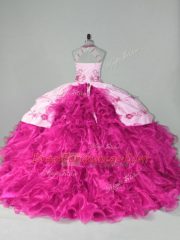Organza Halter Top Sleeveless Court Train Lace Up Embroidery and Ruffles Quinceanera Dress in Hot Pink