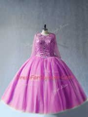 On Sale Tulle Scoop Long Sleeves Lace Up Beading Quince Ball Gowns in Lilac