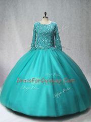 Fine Turquoise Scoop Neckline Beading Sweet 16 Dress Long Sleeves Lace Up