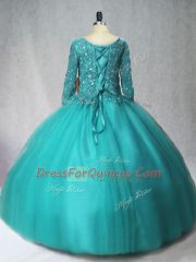 Fine Turquoise Scoop Neckline Beading Sweet 16 Dress Long Sleeves Lace Up