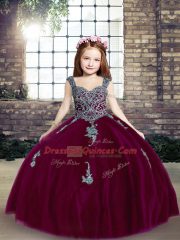 Fuchsia Ball Gowns Appliques Girls Pageant Dresses Lace Up Tulle Sleeveless Floor Length