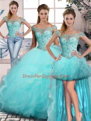 Aqua Blue Sweet 16 Dress Sweet 16 and Quinceanera with Beading and Ruffles Off The Shoulder Sleeveless Lace Up