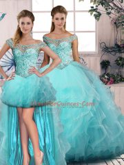 Aqua Blue Sweet 16 Dress Sweet 16 and Quinceanera with Beading and Ruffles Off The Shoulder Sleeveless Lace Up