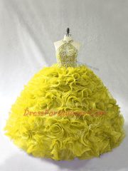 Halter Top Sleeveless Quinceanera Gowns Brush Train Beading and Ruffles Olive Green Organza