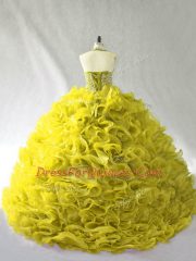Halter Top Sleeveless Quinceanera Gowns Brush Train Beading and Ruffles Olive Green Organza
