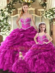 Customized Fuchsia Ball Gowns Organza Sweetheart Sleeveless Beading and Ruffles Floor Length Lace Up Quinceanera Gowns