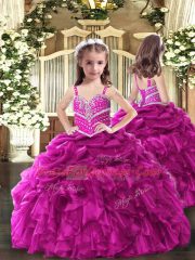 Customized Fuchsia Ball Gowns Organza Sweetheart Sleeveless Beading and Ruffles Floor Length Lace Up Quinceanera Gowns