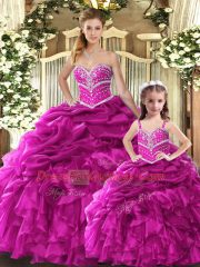 Customized Fuchsia Ball Gowns Organza Sweetheart Sleeveless Beading and Ruffles Floor Length Lace Up Quinceanera Gowns