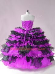 Custom Made Organza Sweetheart Sleeveless Lace Up Beading and Ruffled Layers Quinceanera Gowns in Black And Purple