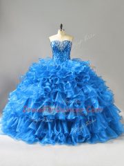 Blue Organza Lace Up Sweetheart Sleeveless Floor Length Quinceanera Dress Beading and Ruffles and Sequins