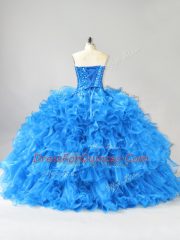 Blue Organza Lace Up Sweetheart Sleeveless Floor Length Quinceanera Dress Beading and Ruffles and Sequins