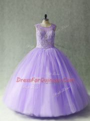 Stunning Tulle Scoop Sleeveless Lace Up Beading Quinceanera Dress in Lavender