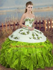 Elegant Floor Length Lace Up Ball Gown Prom Dress Olive Green for Military Ball and Sweet 16 and Quinceanera with Embroidery and Ruffles and Bowknot