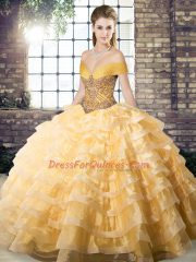 Organza Sleeveless Quinceanera Gowns Brush Train and Beading and Ruffled Layers